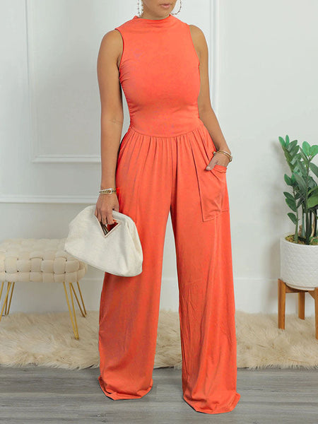 Solid Cutout Back Sleeveless Wide-leg Jumpsuit