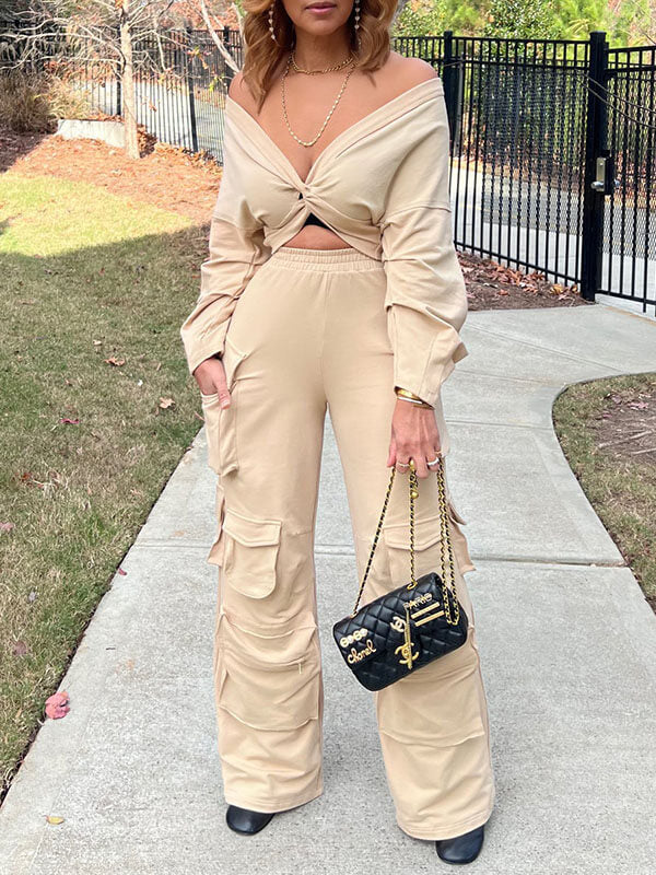 Solid Twisted Top & Cargo Pants Set