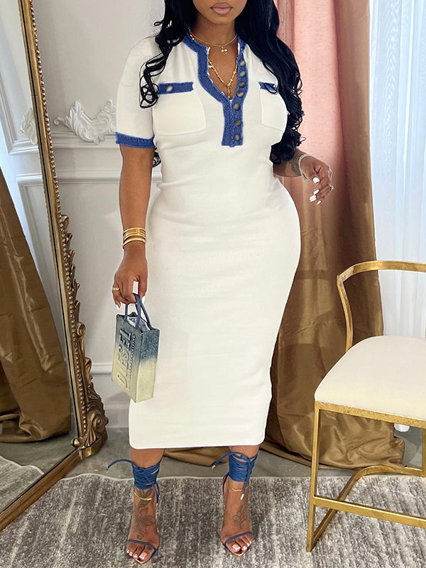 Gorgeousladie Denim-Combo Button-Front Dress