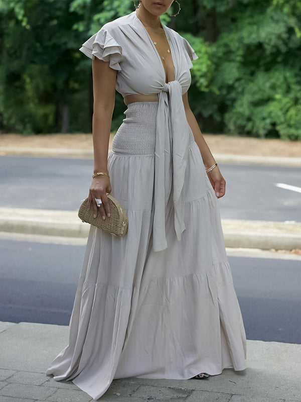 Gorgeousladie Solid Tied Top & Wide-Leg Pants Set