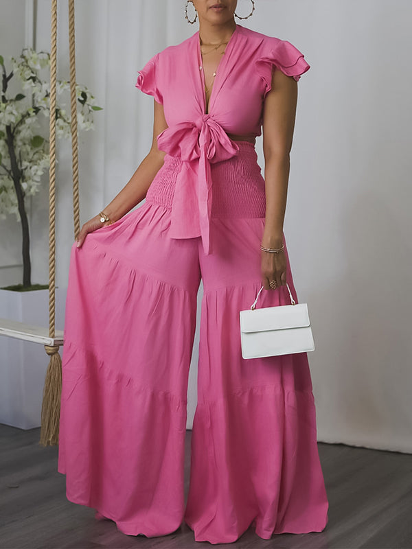 Gorgeousladie Solid Tied Top & Wide-Leg Pants Set
