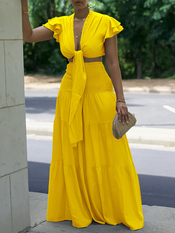 Gorgeousladie Solid Tied Top & Wide-Leg Pants Set