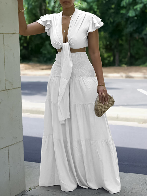 Gorgeousladie Solid Tied Top & Wide-Leg Pants Set