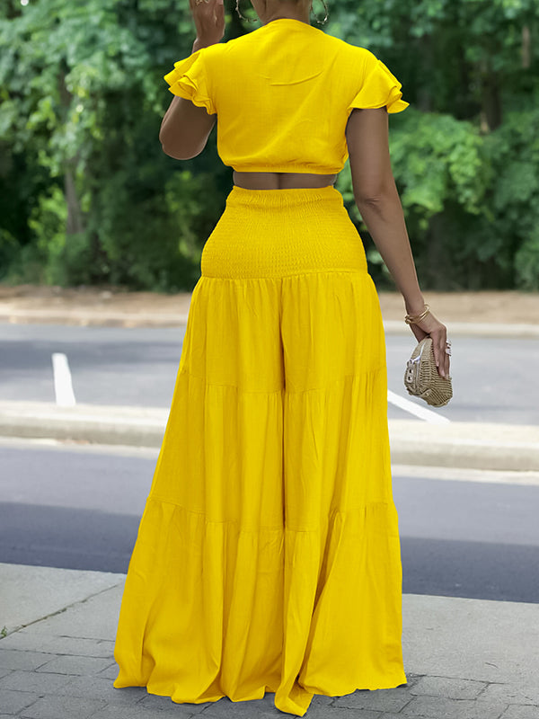 Gorgeousladie Solid Tied Top & Wide-Leg Pants Set