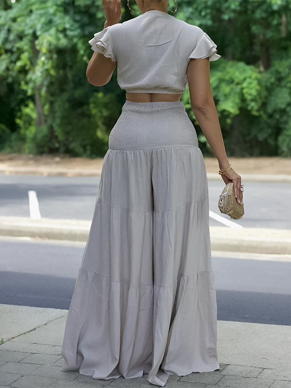 Gorgeousladie Solid Tied Top & Wide-Leg Pants Set