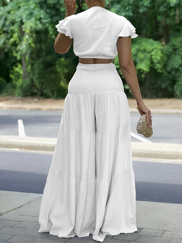 Gorgeousladie Solid Tied Top & Wide-Leg Pants Set