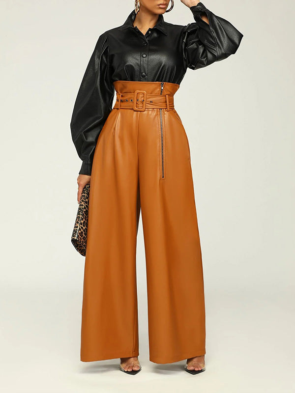 Gorgeousladie Faux-Leather Wide-Leg Belted Pants