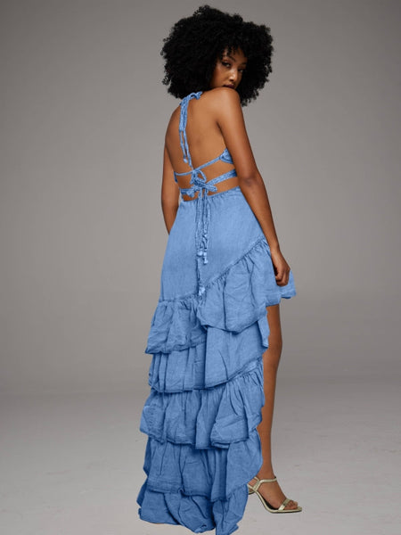 Halter Denim Ruffle Dress