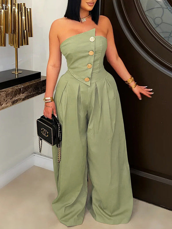 Strapless Button Wide-Leg Jumpsuit