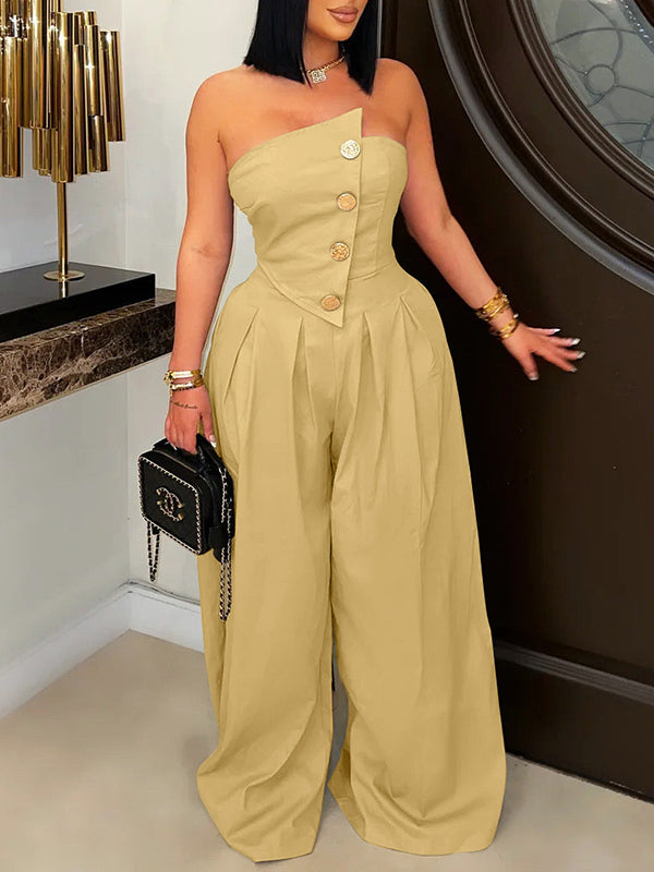 Strapless Button Wide-Leg Jumpsuit