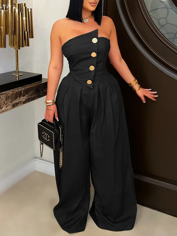 Strapless Button Wide-Leg Jumpsuit