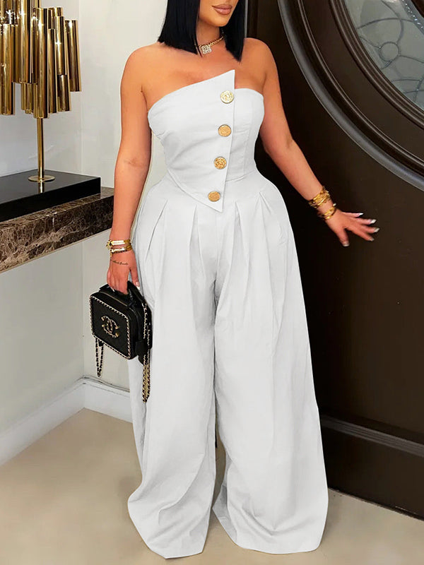 Strapless Button Wide-Leg Jumpsuit