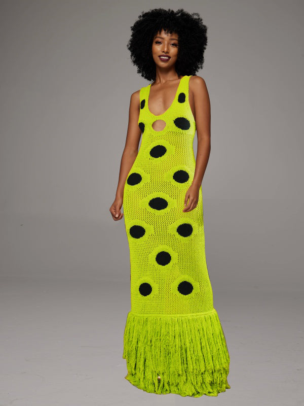 Dot Sleeveless Fringe Dress