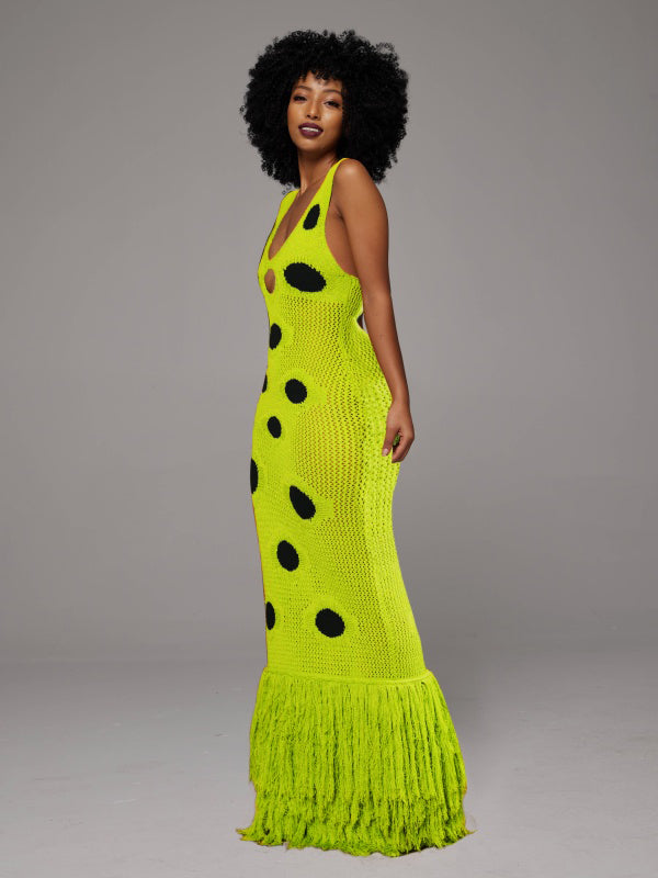 Dot Sleeveless Fringe Dress