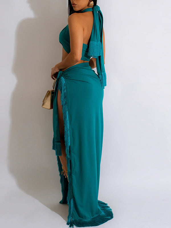 Halter Bandeau Top & Fringe Skirt Set