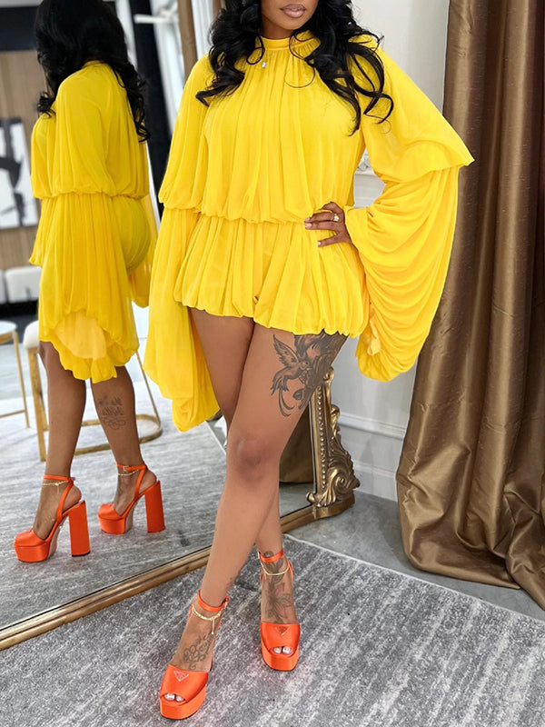 Bell-Sleeve Ruched Romper