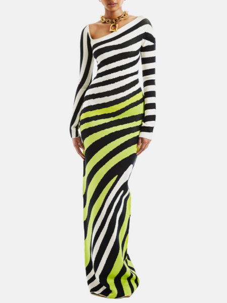 Stripe Asymmetric-Neck Maxi Dress