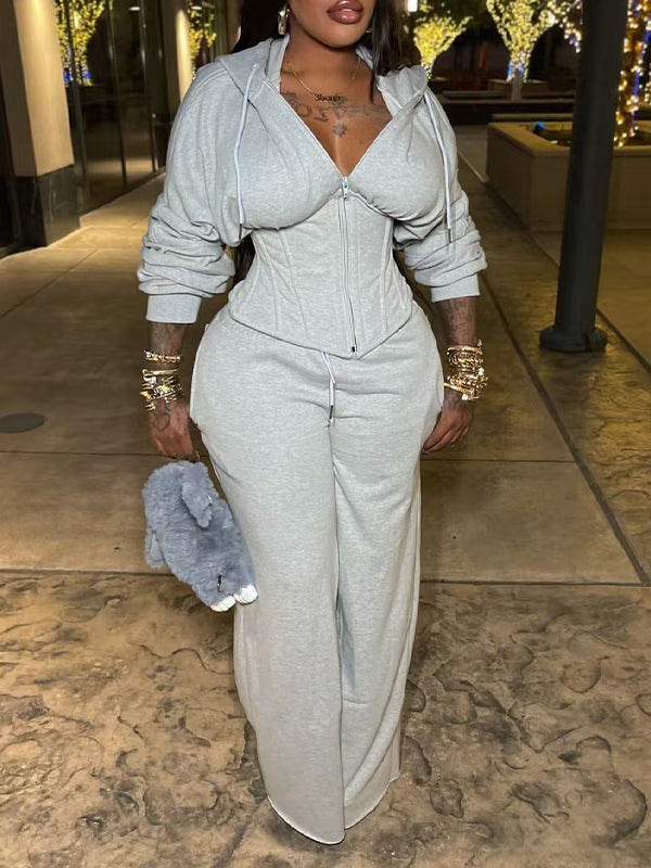 Solid Lace-Up Hoodie & Pants Set