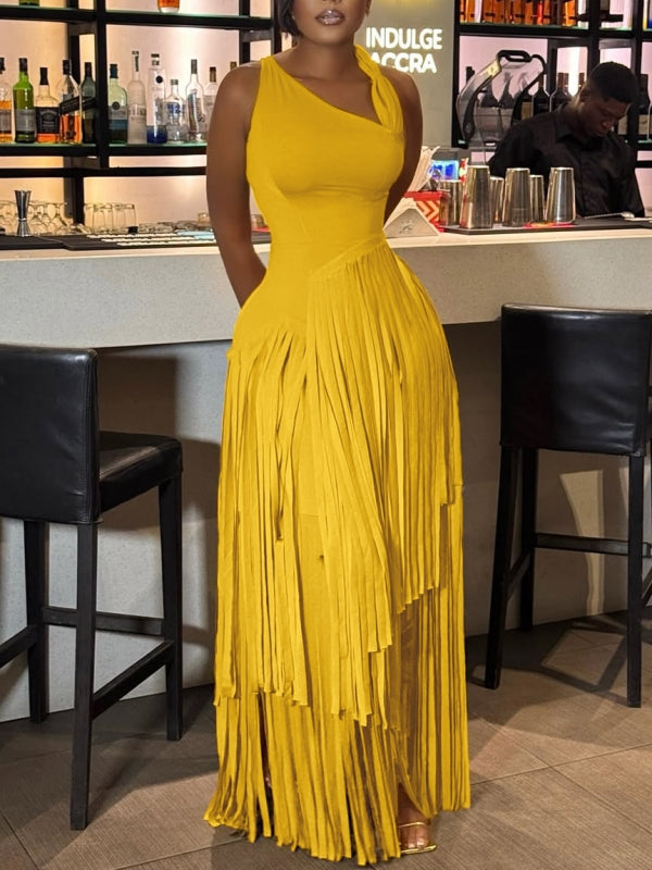Solid Sleeveless Fringe Dress