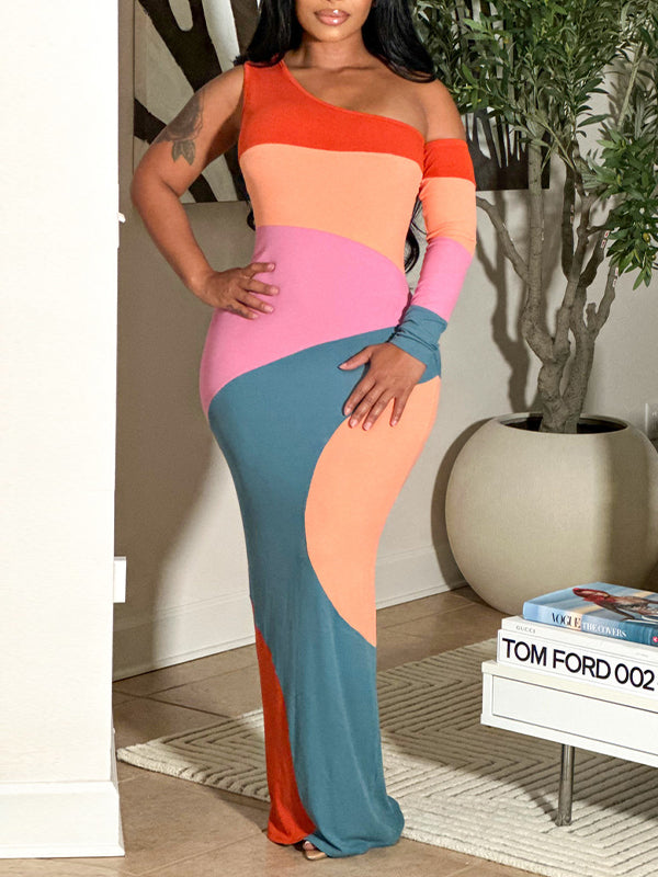 Colorblock Boat-Neck Maxi Dress