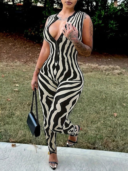 Printed Zip-Front Sleeveless Jumpsuit