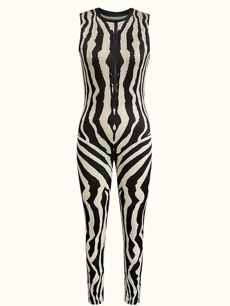 Printed Zip-Front Sleeveless Jumpsuit