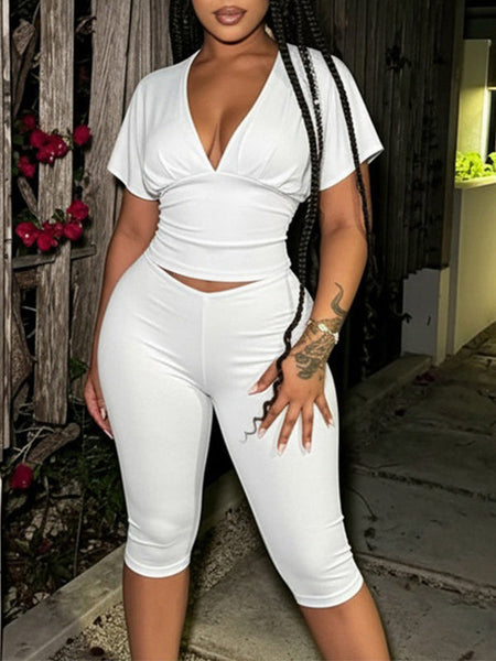 Solid V-Neck Top & Capri Pants Set