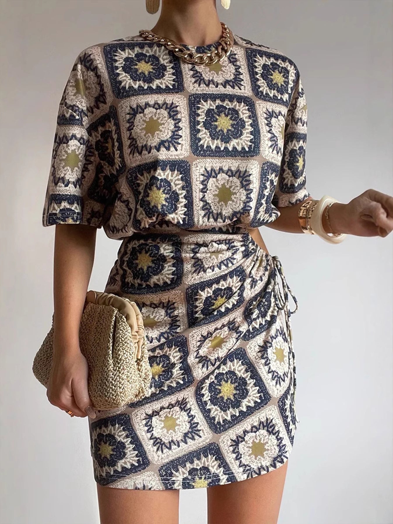 Print Drawstring Mini Dress