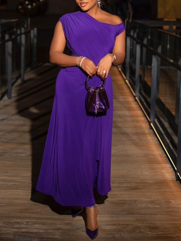 Asymmetric One-Shoulder Drape Slit Dress