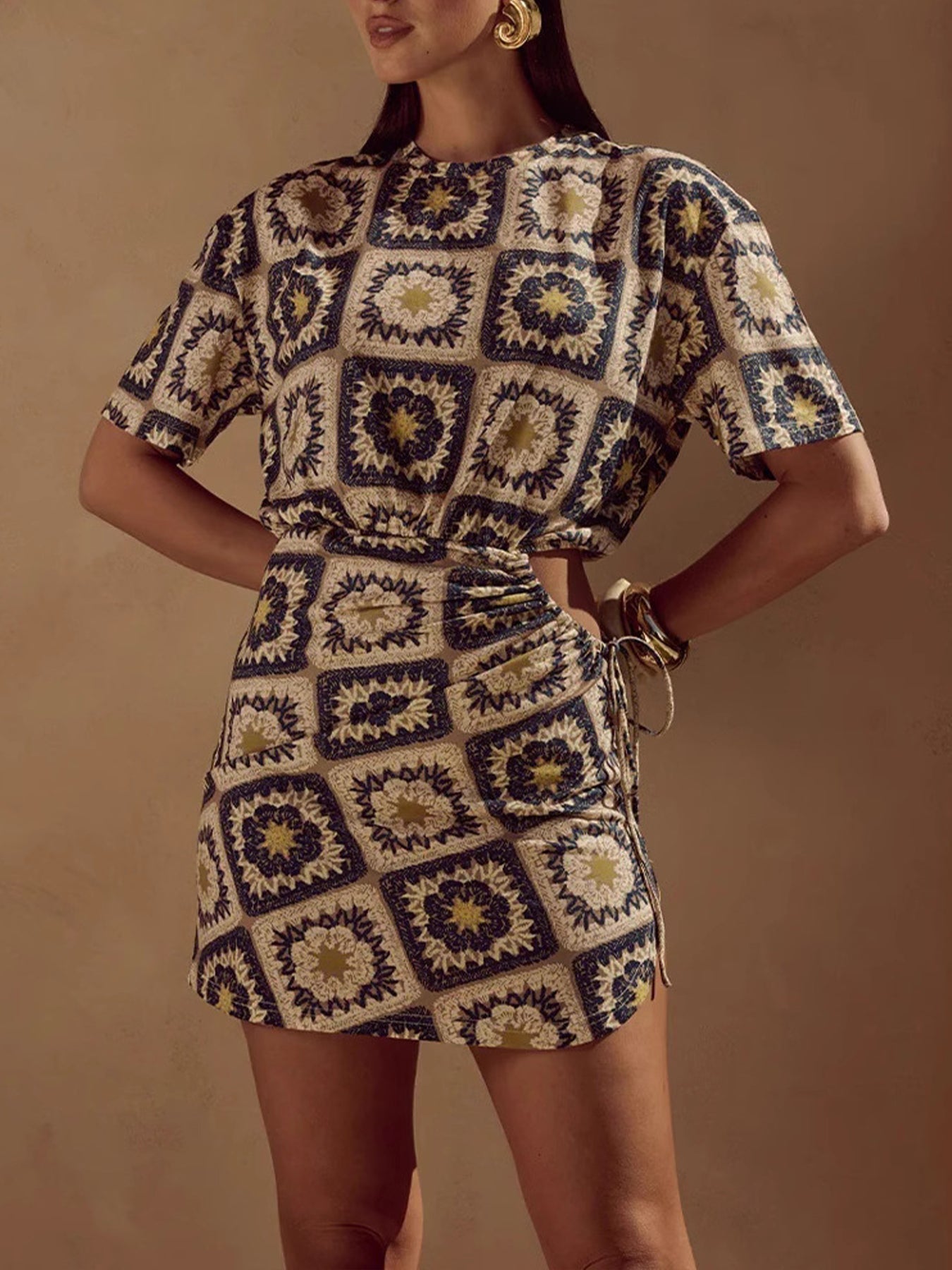 Print Drawstring Mini Dress