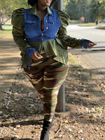 Denim-Combo Puff-Sleeve Shirt
