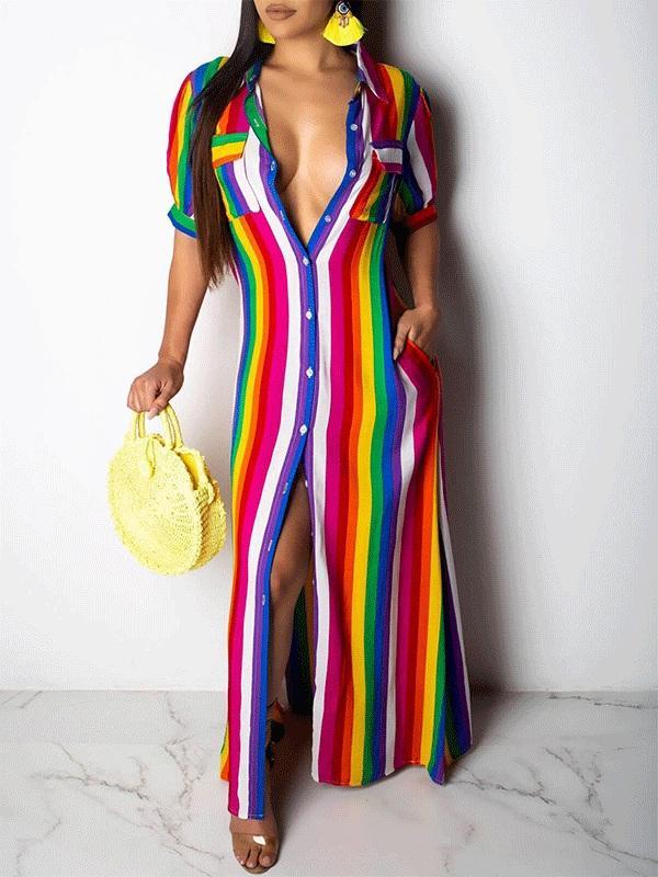Gorgeousladie Rainbow Stripe Shirt Dress