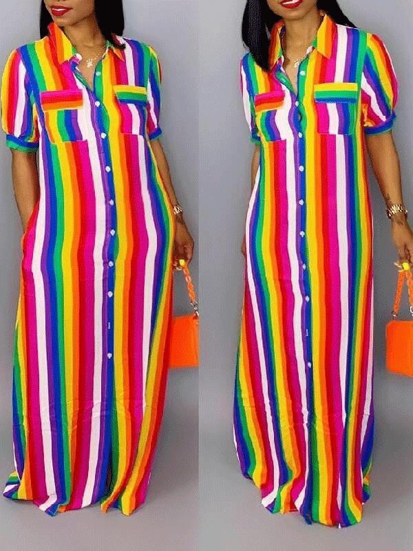 Gorgeousladie Rainbow Stripe Shirt Dress