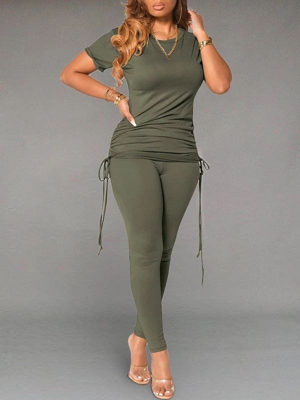 Gorgeousladie Solid Drawstring Top & Pants Set