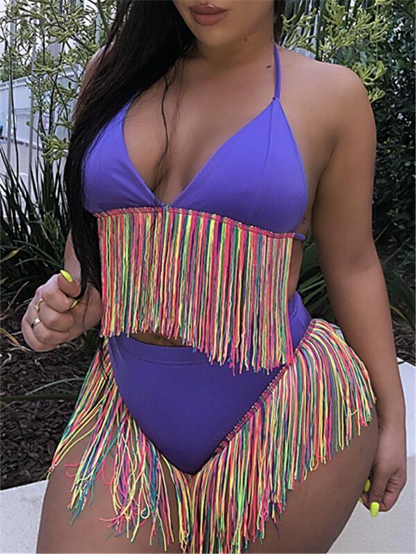 Gorgeousladie Multicolor Fringe Halter Bikini