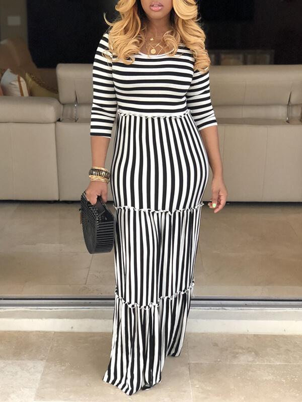 Gorgeousladie Stripe Ruffle Maxi Dress