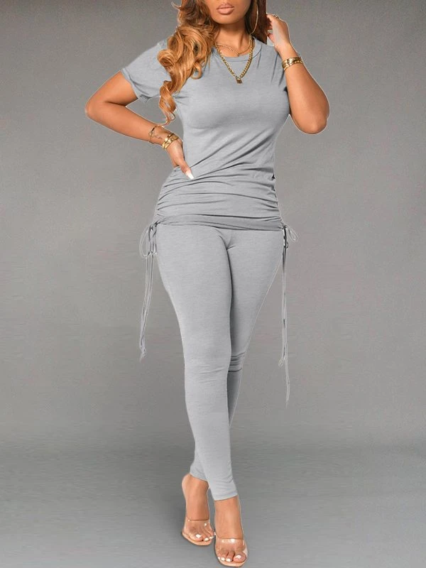 Gorgeousladie Solid Drawstring Top & Pants Set