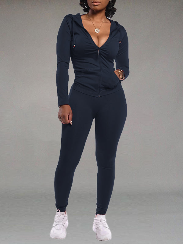 Gorgeousladie Solid Zip Hoodie & Pants Set