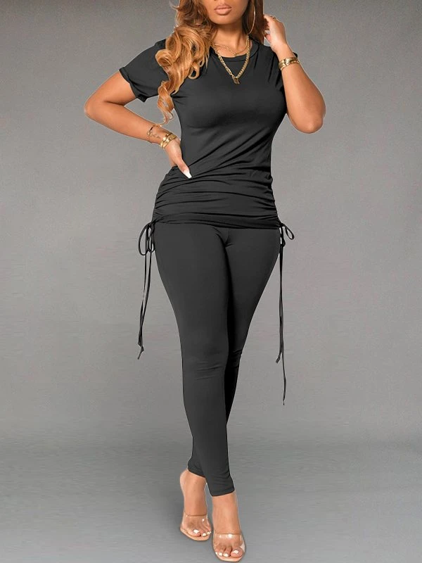 Gorgeousladie Solid Drawstring Top & Pants Set