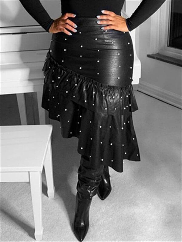 Gorgeousladie Pearl-Studded Faux-Leather Ruffle Skirt