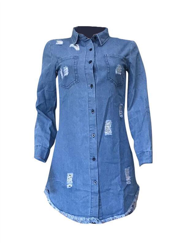 Gorgeousladie Destroyed Button-Down Denim Shirt Dress