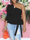 Gorgeousladie One-Shoulder Puff-Sleeve Peplum Top