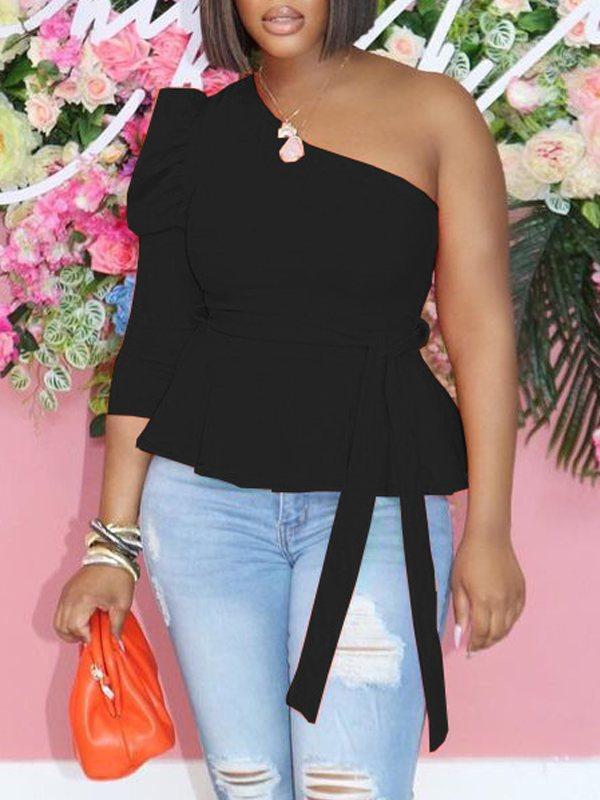 Gorgeousladie One-Shoulder Puff-Sleeve Peplum Top