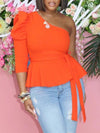 Gorgeousladie One-Shoulder Puff-Sleeve Peplum Top