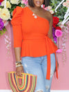 Gorgeousladie One-Shoulder Puff-Sleeve Peplum Top