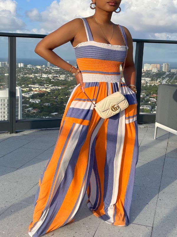 Gorgeousladie Colorblock Smocked Wide-Leg Jumpsuit