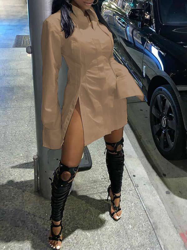 Gorgeousladie Solid Slit Shirt Dress