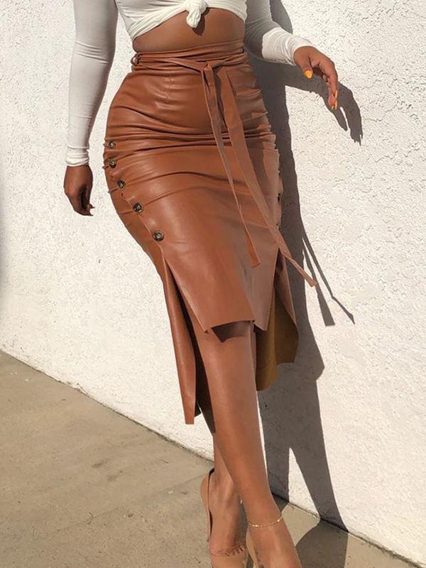 Gorgeousladie Tied Faux-Leather Skirt