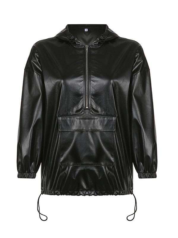 Gorgeousladie Zip-Front Faux-Leather Hoodie