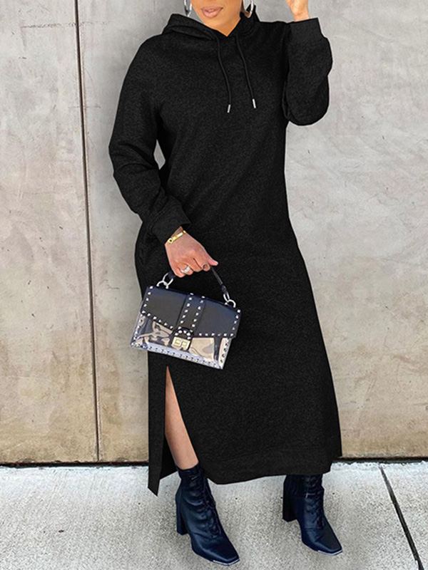 Gorgeousladie Solid Slit Hoodie Dress
